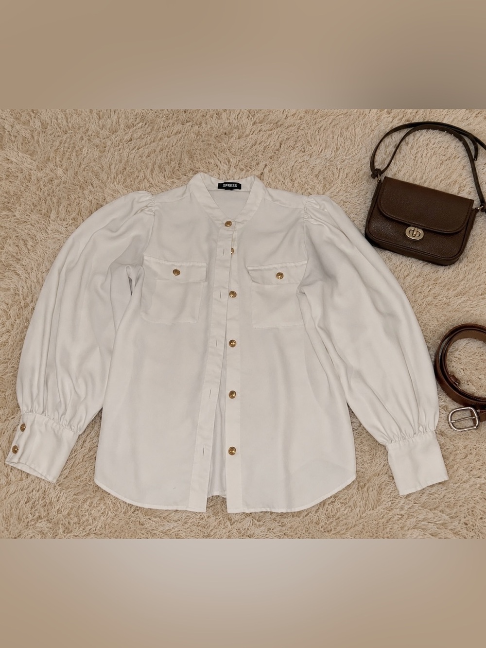 Express White Button-Down Shirt with Gold-Tone Buttons